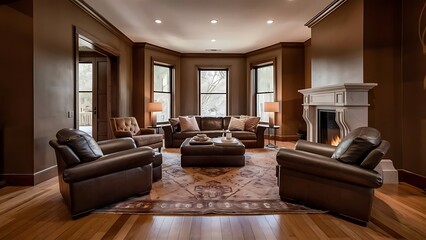 Luxury brown living room with hardwood floors.