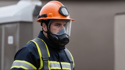A man is dressed in a bright orange hard hat and a gas mask for safety at work
