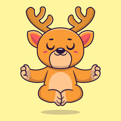 Obraz premium Cute cartoon deer sitting in yoga pose. cartoon animal vector illustration hand drawn