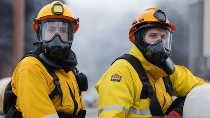 fire rescuers in protective yellow suits
