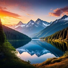 Tramonto, fiume, montagne, alberi