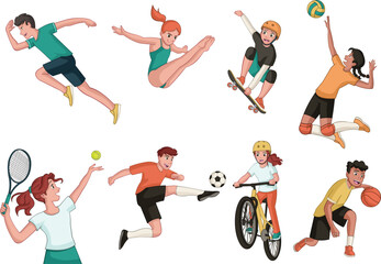 Cartoon teenagers playing various sports. Children playing.
