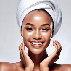 Beauty, skincare and face closeup of black woman on white background for wellness, cosmetics and makeup. Dermatology, spa and portrait of happy person for natural, healthy skin and glow in studio

