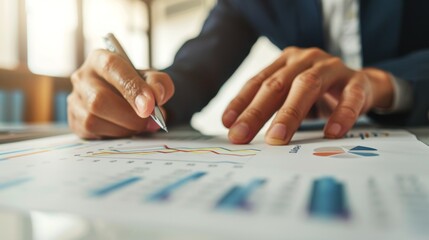 A financial analyst pointing to a line graph on a printed report during a meeting.