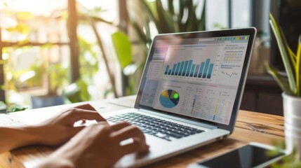 A financial planner reviewing budget allocation with a bubble chart on a laptop screen.
