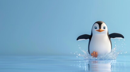 Obraz premium A cartoon penguin walks on water, with a splash effect.