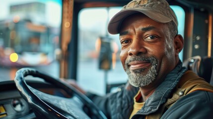 A person wearing a hat is behind the wheel of a bus, ready for a journey