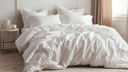 A white bed backdrop with a folded white duvet on it. Winterizing the home, domestic tasks, hotel linens, and home textiles
