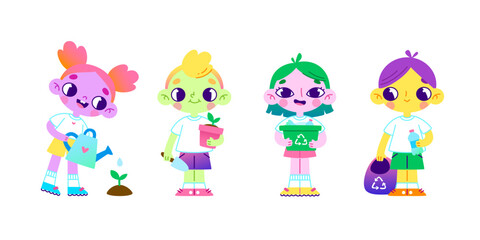 Cartoon eco volunteers children set. Vector colorful environmental care collection with diverse kids.