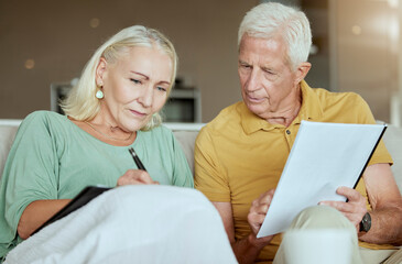 Mature couple, home and savings with paperwork for house finance, budget and retirement plan....