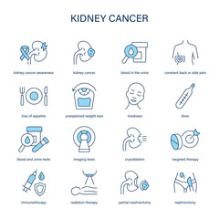 Kidney Cancer symptoms, diagnostic and treatment vector icons. Medical icons.