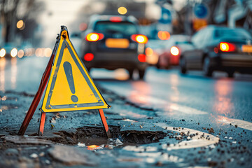 A caution sign next to a large pothole indicates urgent road repairs needed as traffic moves past the area. Maintenance is crucial for road safety
