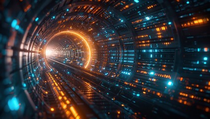 Fototapeta premium Futuristic Tunnel with Orange and Blue Lights