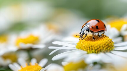Fototapeta premium This highly detailed image presents a ladybug on the yellow central part of a daisy. It captures the intricacies of both the insect and the flower, blending nature’s elegance.