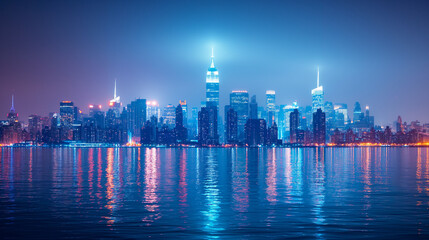 Fototapeta premium Modern city skyline at night with double exposure of wireframe digital interface and network hologram. Concept of smart city, internet of things and global network technology. New York.