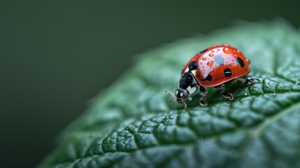 Fototapeta premium This image highlights a ladybug covered in dew standing on a textured green leaf, emphasizing the intricate patterns on the leaf and the small details of the insect.