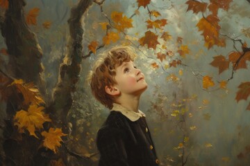 Little happy boy looking up painting portrait plant.