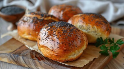 Fresh homemade cakes. Buns sprinkled with poppy seeds.