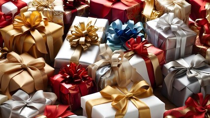 A variety of multicolored gifts with a selection of ribbon bow colors, such as red, gold, and silver