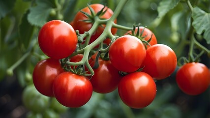 a solitary cluster of ripe, luscious red tomatoes on the vine