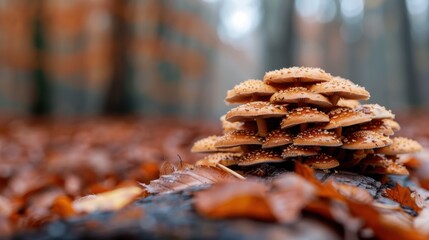 Mushrooms clustered on a log amidst a blanket of autumn leaves in a misty forest. The image evokes a sense of peace and natural harmony in a woodland environment.
