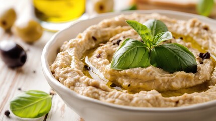 Homemade chickpea hummus bowl. Close-up view, selective focus