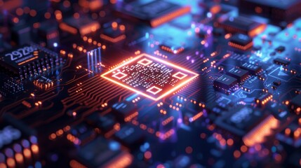 futuristic glowing neon virtual hologram of the Qr Code on a high-tech dark background