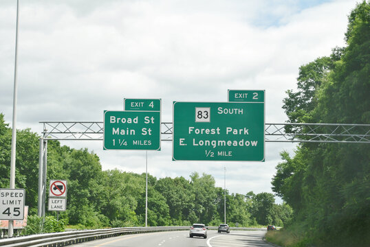 91 North highway signage, Massachusetts, United States, exit and various signs.