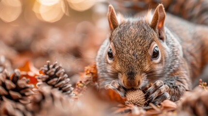 Obraz premium A curious squirrel tightly holding an acorn among scattered pine cones, with soft lighting enhancing the serene and earthy ambiance of the forest floor.