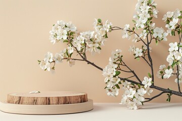 Geometric empty podium wooden platform stand for product presentation and spring flowering tree branch with white flowers on pastel beige background with generative ai