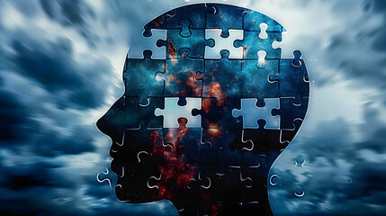 Emotional intelligence and communication skills concept. Human head silhouette with jigsaw puzzle pieces.