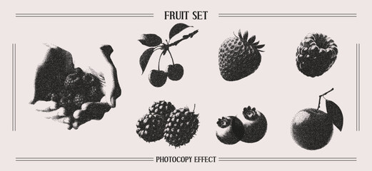 A set of fruit elements with a retro photocopy effect. Vector illustration of strawberries, blueberries, raspberries in halftone tones for collage design. Vector illustration.