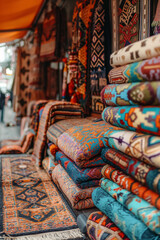 Colorful Traditional Rugs Displayed in Market with Intricate Patterns and Textures