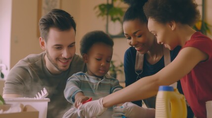 Obraz premium International family - children, young mom and dad have fun cleaning together.