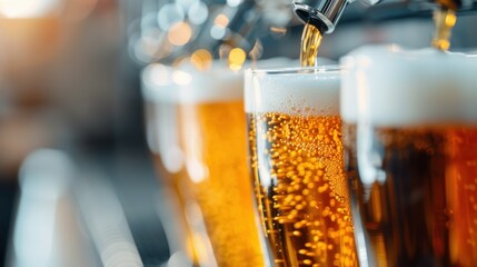 Several beer taps are pouring cold and refreshing golden beer into glasses, highlighting the variety and quality of the draft beer offerings in a lively and dynamic environment.