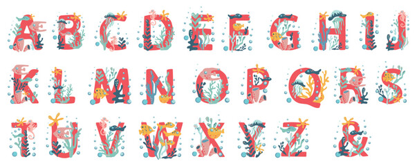 Coral alphabet with underwater life. Various fish, corals, algae, jellyfish, seahorses and starfish. Set of monograms in underwater marine style. Vector initials for design