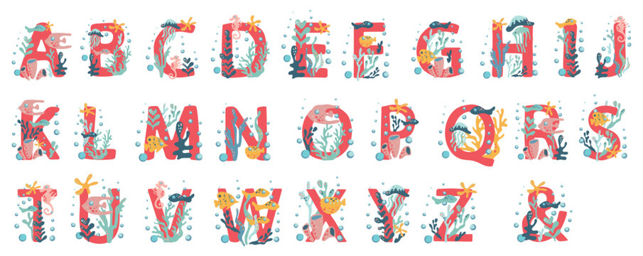 Coral alphabet with underwater life. Various fish, corals, algae, jellyfish, seahorses and starfish. Set of monograms in underwater marine style. Vector initials for design