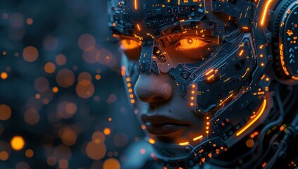 Cybernetic Humanoid with Glowing Orange Circuits