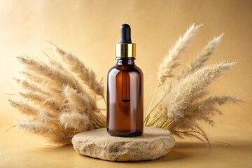 Fototapeta premium Mockup of a brown glass cosmetic bottle with blank label, placed near stones and pampas grass on a light yellow background