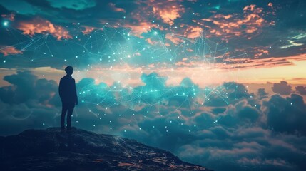 Fototapeta premium a business professional standing in front of a futuristic cloud network with data streams and digital connections surrounding them