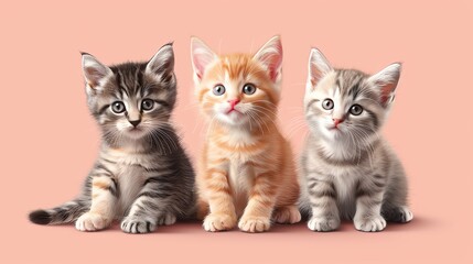 Obraz premium Three cute kittens with different coat colors sitting in a row on a light pink background.