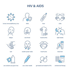 HIV and AIDS symptoms, diagnostic and treatment vector icons. Medical icons.