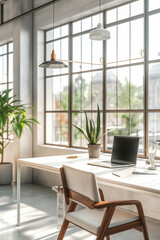 Modern Office with Natural Light, Indoor Plants, and Minimalist Furniture