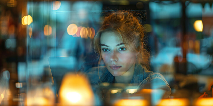 A thoughtful young woman working late at night, illuminated by warm lights through a reflective window, creating a mood of focus and introspection.