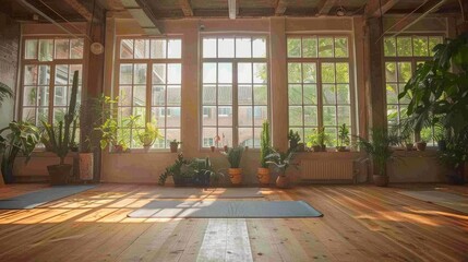 Fototapeta premium Tranquil Yoga Studio with Abundant Natural Light and Greenery