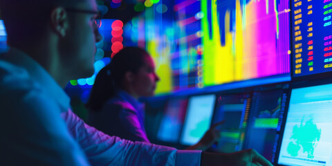 Financial Analysts Monitoring Stock Market Data on Multiple Screens in Modern Trading Room