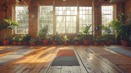 Fototapeta premium Tranquil Yoga Studio with Abundant Natural Light and Greenery
