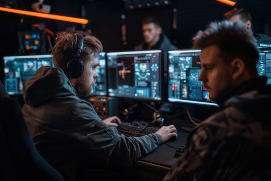 In a high-tech command center, cybersecurity experts intensely monitor computer networks and systems to prevent cyber threats, showcasing the importance of security and information protection.