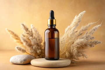 Fototapeta premium Mockup of a brown glass cosmetic bottle with blank label, placed near stones and pampas grass on a light yellow background
