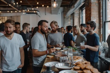A lively gathering of people engaged in eating and conversation at a social event, with a spread of food laid out, highlighting a casual and friendly atmosphere.